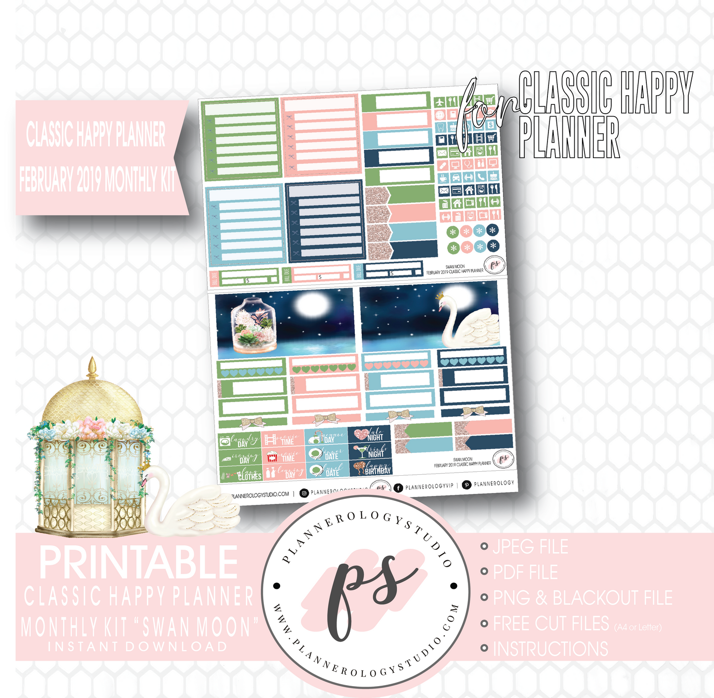 Swan Moon February 2019 Monthly View Kit Digital Printable Planner Stickers (for use with Classic Happy Planner) - Plannerologystudio