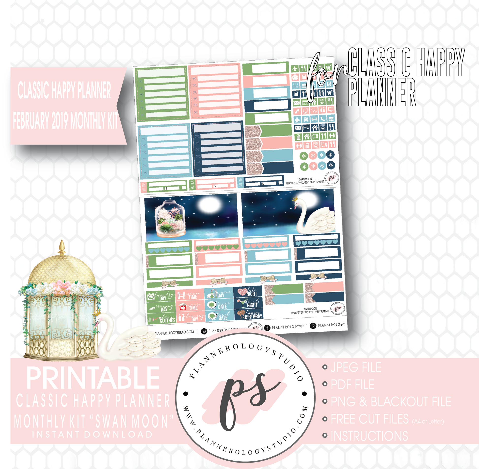 Swan Moon February 2019 Monthly View Kit Digital Printable Planner Stickers (for use with Classic Happy Planner) - Plannerologystudio