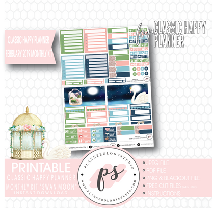 Swan Moon February 2019 Monthly View Kit Digital Printable Planner Stickers (for use with Classic Happy Planner) - Plannerologystudio