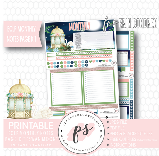 Swan Moon Monthly Notes Page Kit Digital Printable Planner Stickers (for use with Erin Condren) - Plannerologystudio