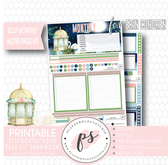 Swan Moon Monthly Notes Page Kit Digital Printable Planner Stickers (for use with Erin Condren) - Plannerologystudio