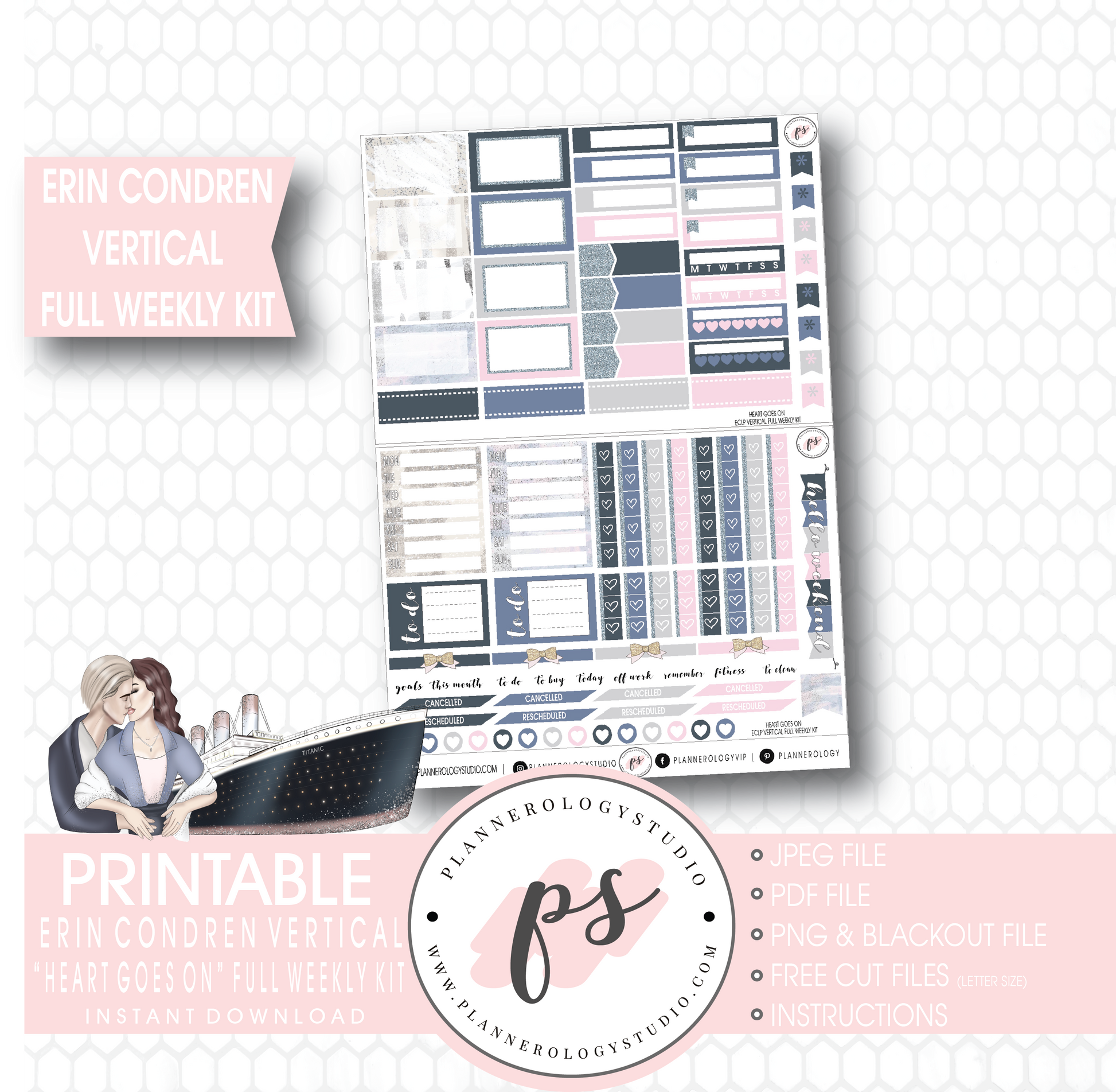 Heart Goes On (Titanic) Full Weekly Kit Printable Planner Stickers (for use with Erin Condren Vertical) - Plannerologystudio
