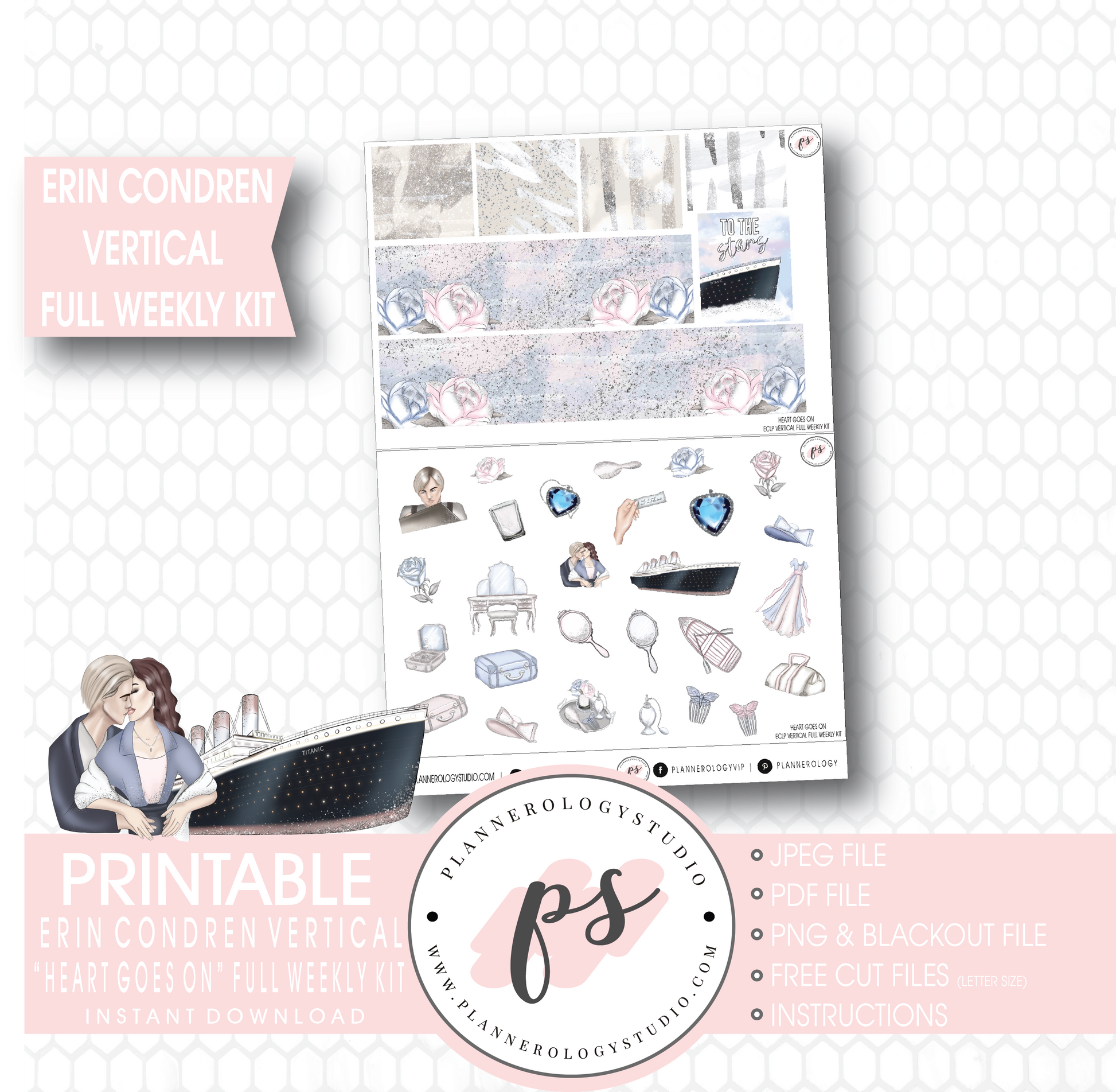 Heart Goes On (Titanic) Full Weekly Kit Printable Planner Stickers (for use with Erin Condren Vertical) - Plannerologystudio