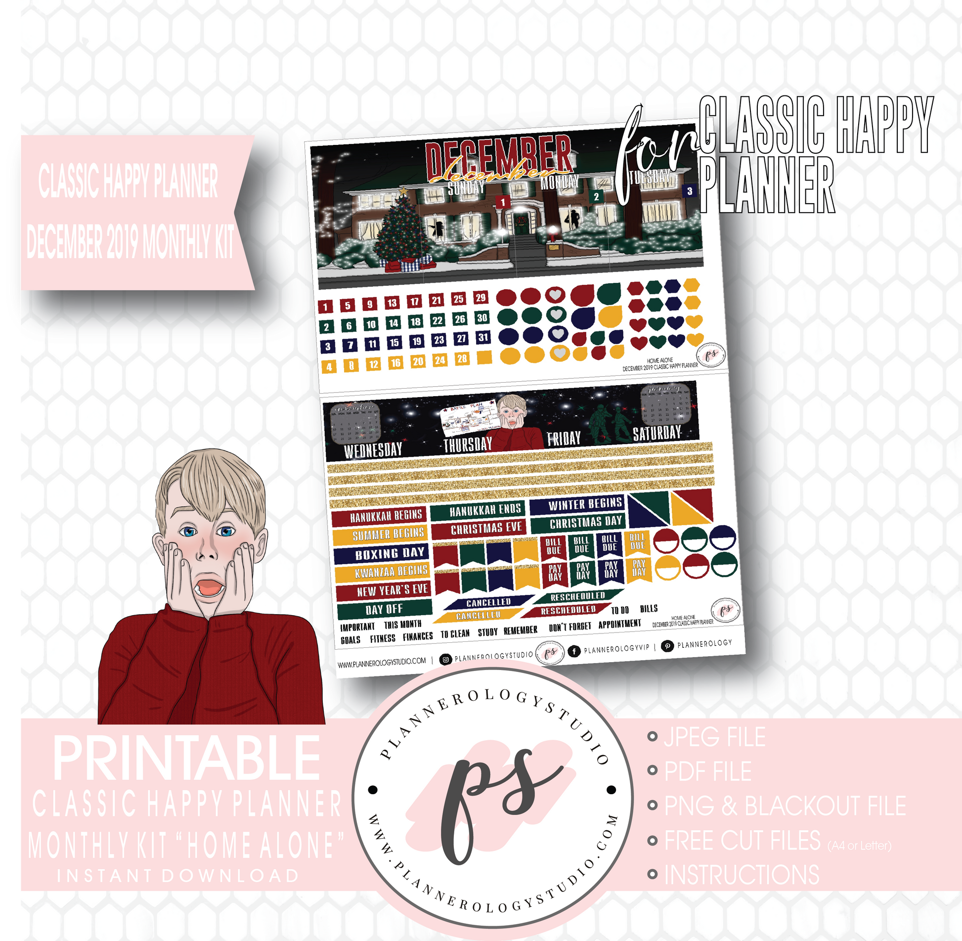 Home Alone Christmas December 2019 Monthly View Kit Digital Printable Planner Stickers (for use with Classic Happy Planner) - Plannerologystudio