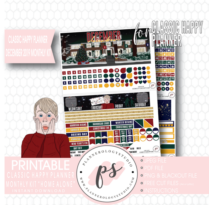 Home Alone Christmas December 2019 Monthly View Kit Digital Printable Planner Stickers (for use with Classic Happy Planner) - Plannerologystudio