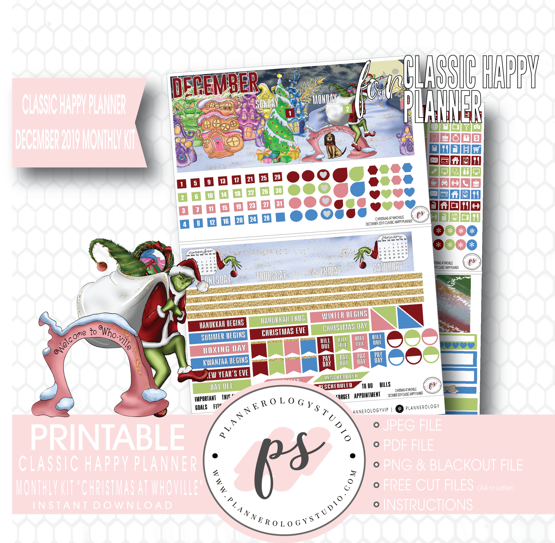 Christmas at Whoville (Grinch) December 2019 Monthly View Kit Digital Printable Planner Stickers (for use with Classic Happy Planner) - Plannerologystudio