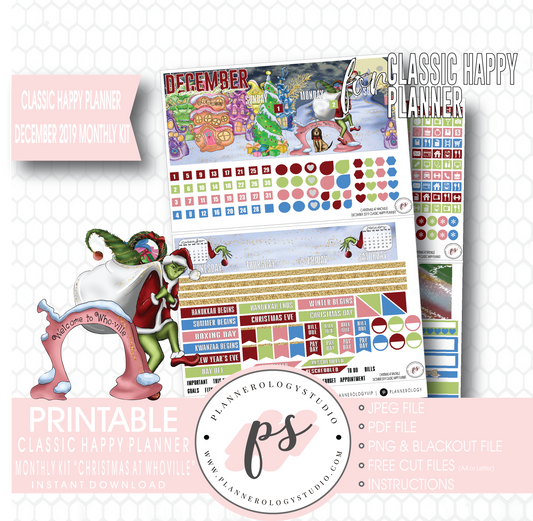 Christmas at Whoville (Grinch) December 2019 Monthly View Kit Digital Printable Planner Stickers (for use with Classic Happy Planner) - Plannerologystudio