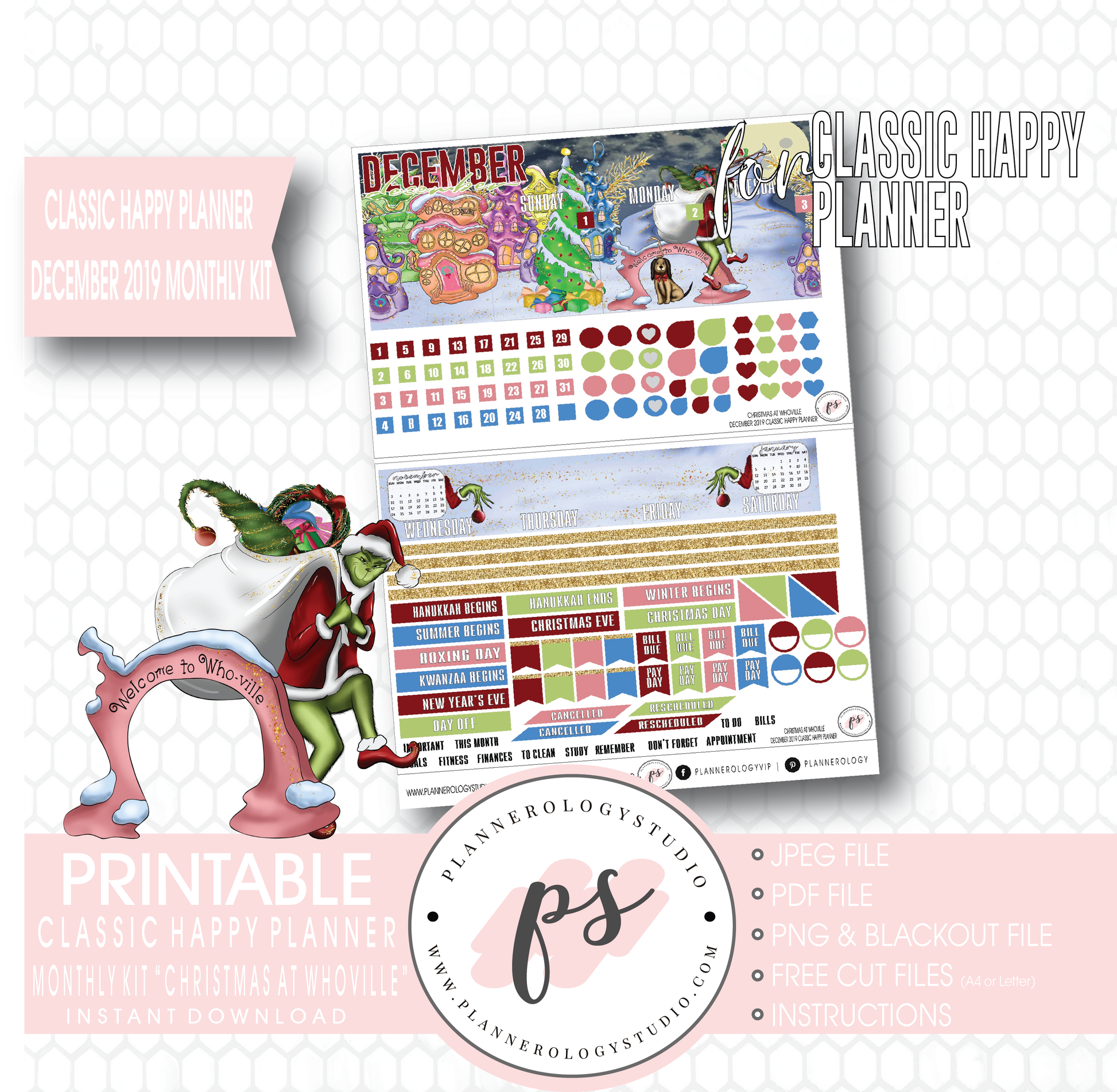 Christmas at Whoville (Grinch) December 2019 Monthly View Kit Digital Printable Planner Stickers (for use with Classic Happy Planner) - Plannerologystudio