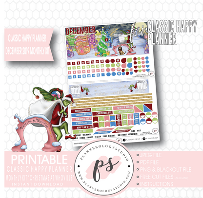 Christmas at Whoville (Grinch) December 2019 Monthly View Kit Digital Printable Planner Stickers (for use with Classic Happy Planner) - Plannerologystudio