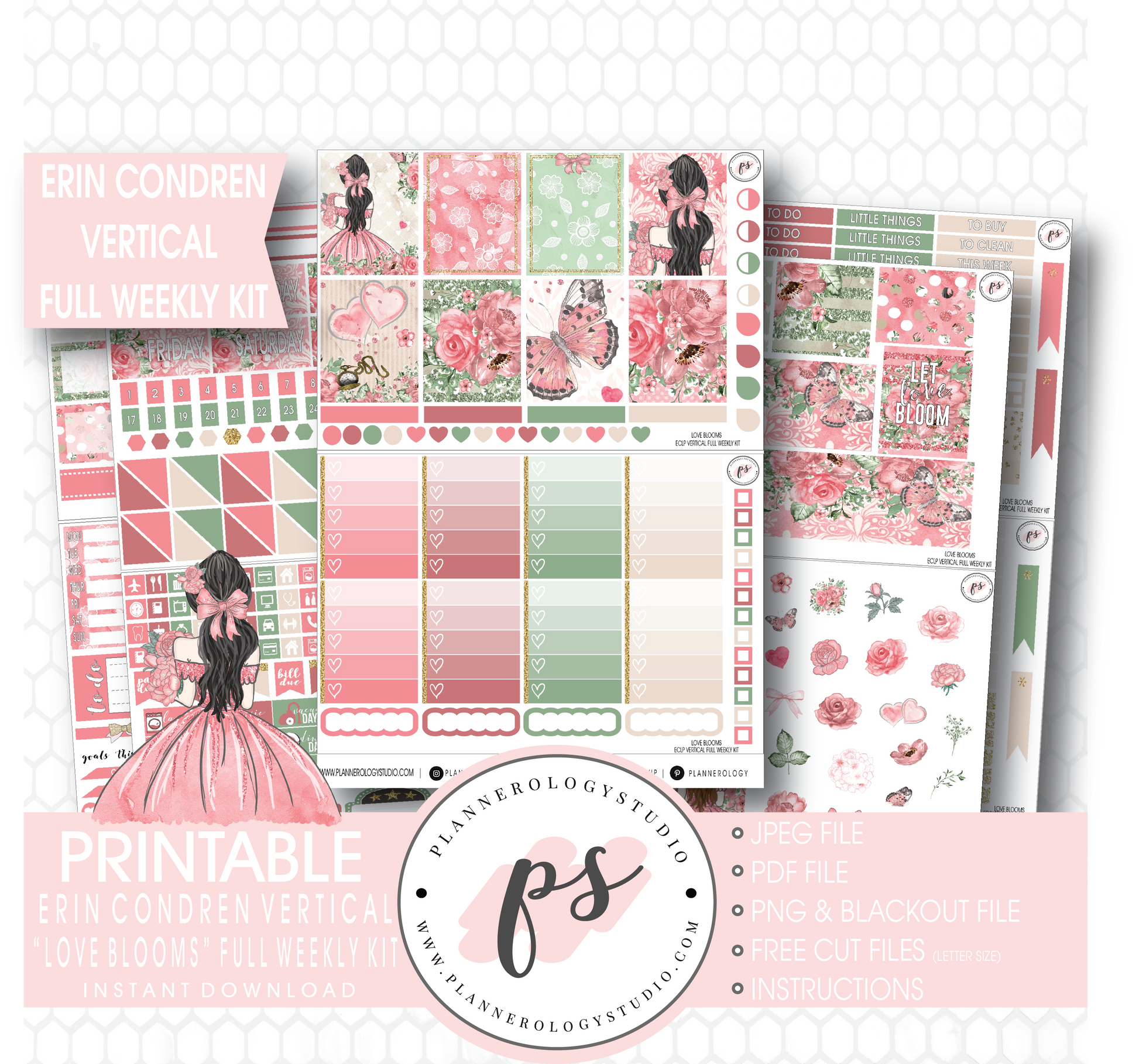 Love Blooms (Valentine's Day) Full Weekly Kit Printable Planner Stickers (for use with Erin Condren Vertical) - Plannerologystudio