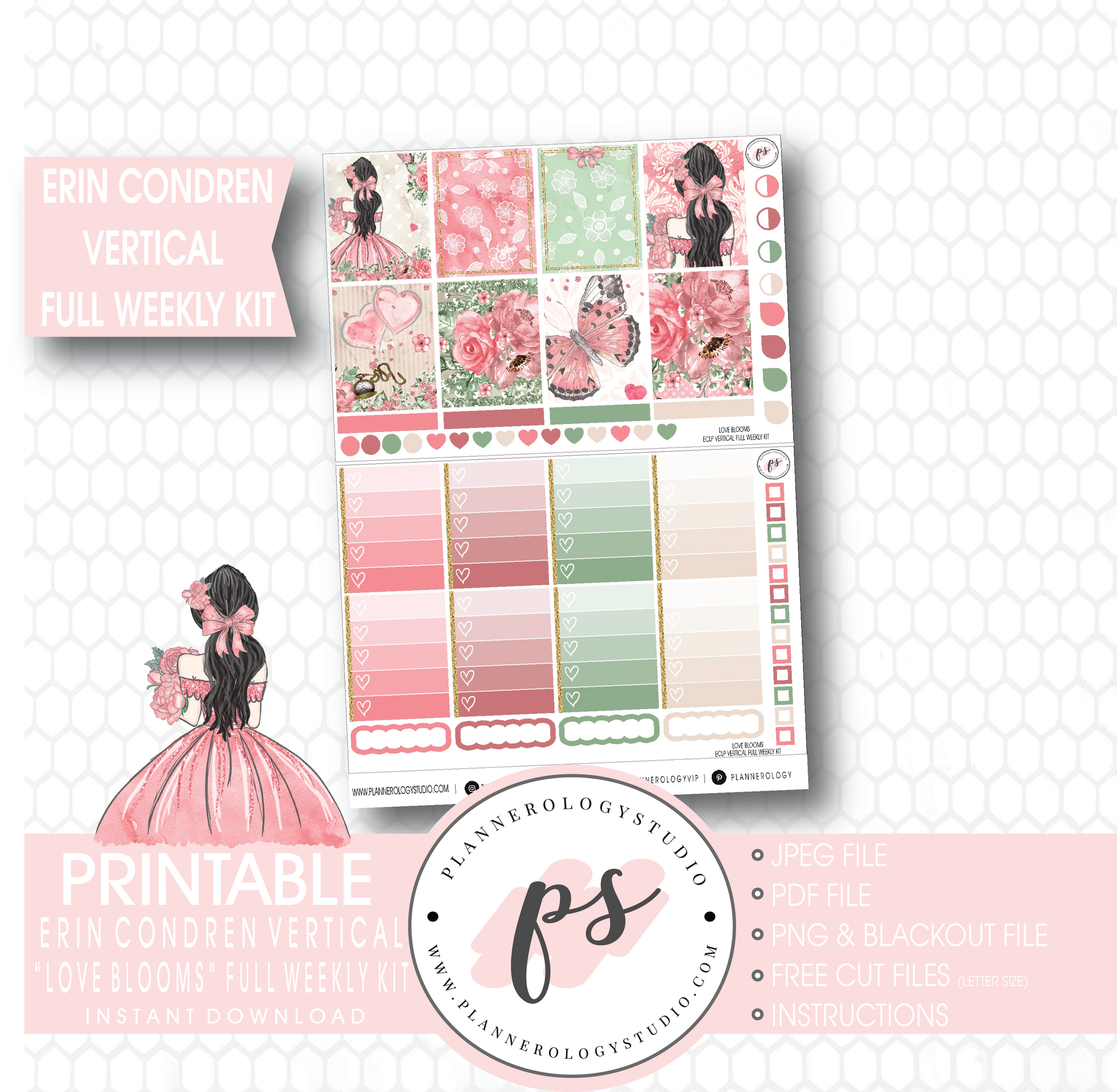 Love Blooms (Valentine's Day) Full Weekly Kit Printable Planner Stickers (for use with Erin Condren Vertical) - Plannerologystudio