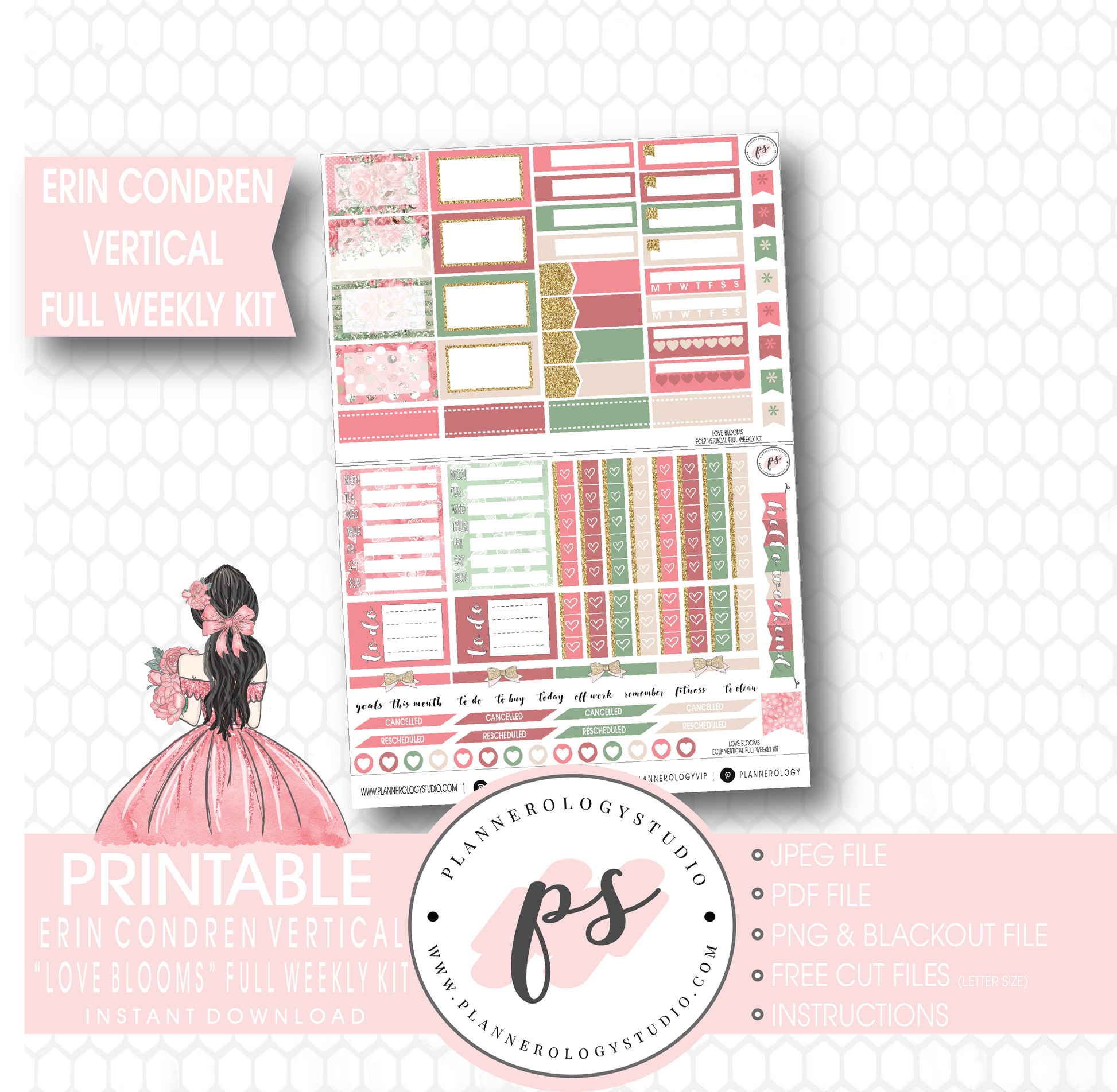 Love Blooms (Valentine's Day) Full Weekly Kit Printable Planner Stickers (for use with Erin Condren Vertical) - Plannerologystudio
