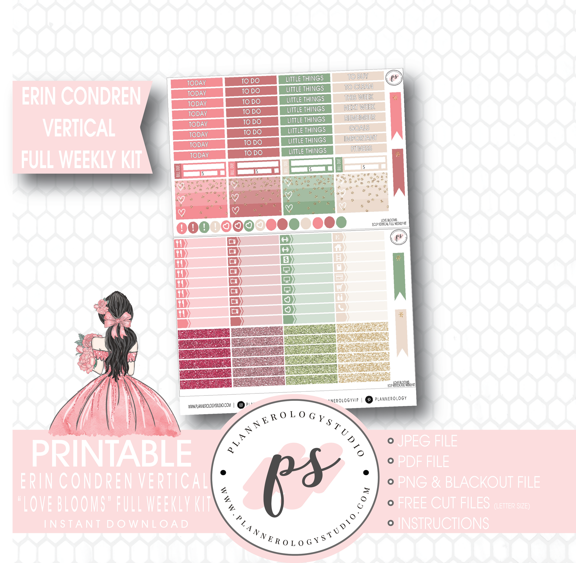 Love Blooms (Valentine's Day) Full Weekly Kit Printable Planner Stickers (for use with Erin Condren Vertical) - Plannerologystudio