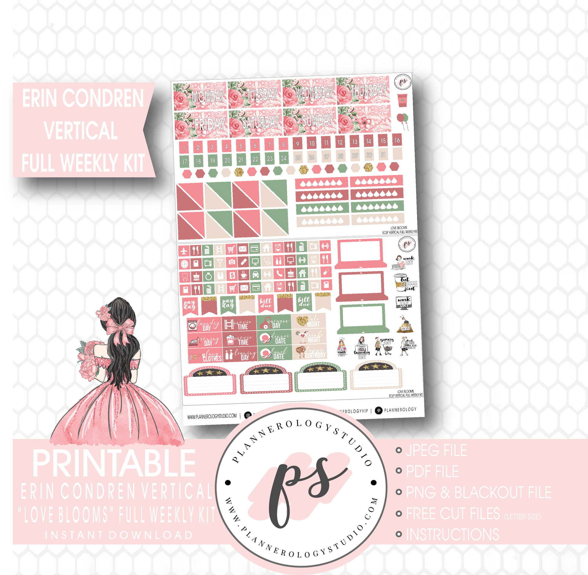 Love Blooms (Valentine's Day) Full Weekly Kit Printable Planner Stickers (for use with Erin Condren Vertical) - Plannerologystudio