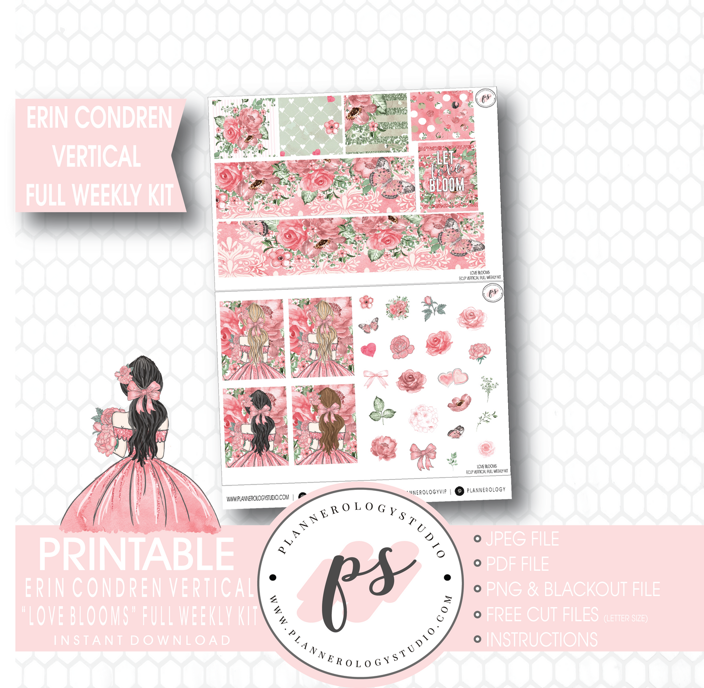 Love Blooms (Valentine's Day) Full Weekly Kit Printable Planner Stickers (for use with Erin Condren Vertical) - Plannerologystudio