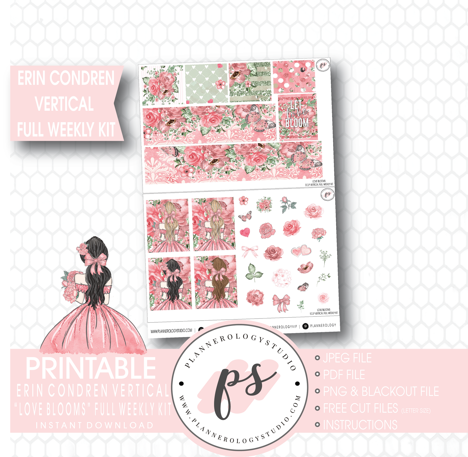 Love Blooms (Valentine's Day) Full Weekly Kit Printable Planner Stickers (for use with Erin Condren Vertical) - Plannerologystudio