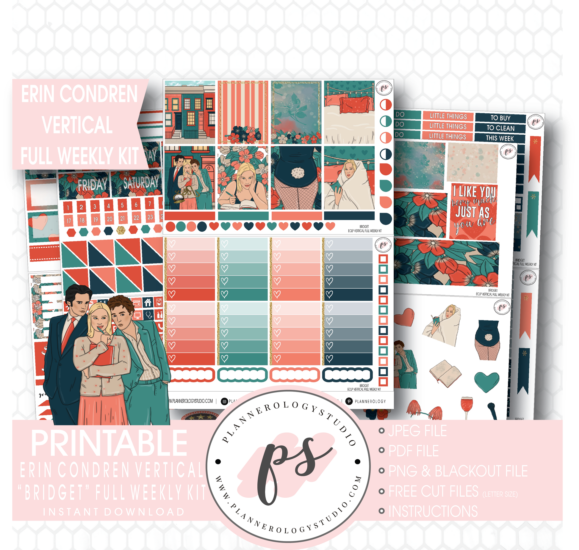 Bridget (Bridget Jones's Diary) Full Weekly Kit Printable Planner Stickers (for use with Erin Condren Vertical) - Plannerologystudio