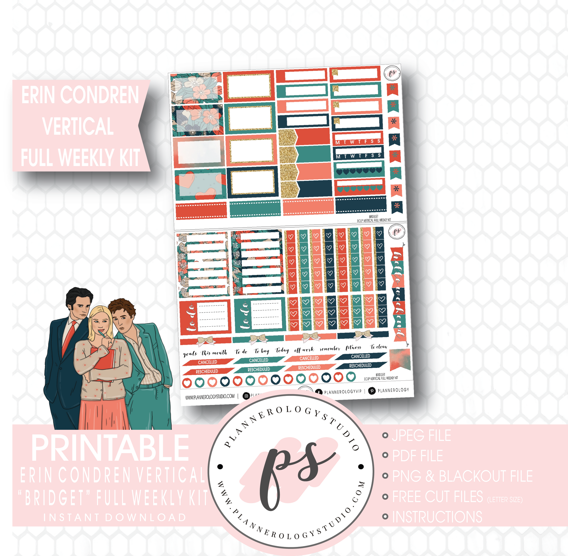 Bridget (Bridget Jones's Diary) Full Weekly Kit Printable Planner Stickers (for use with Erin Condren Vertical) - Plannerologystudio