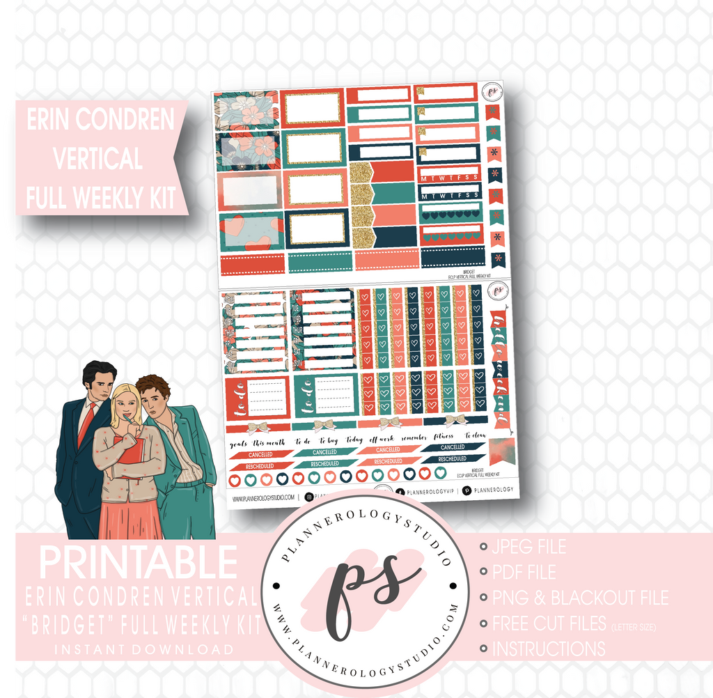 Bridget (Bridget Jones's Diary) Full Weekly Kit Printable Planner Stickers (for use with Erin Condren Vertical) - Plannerologystudio