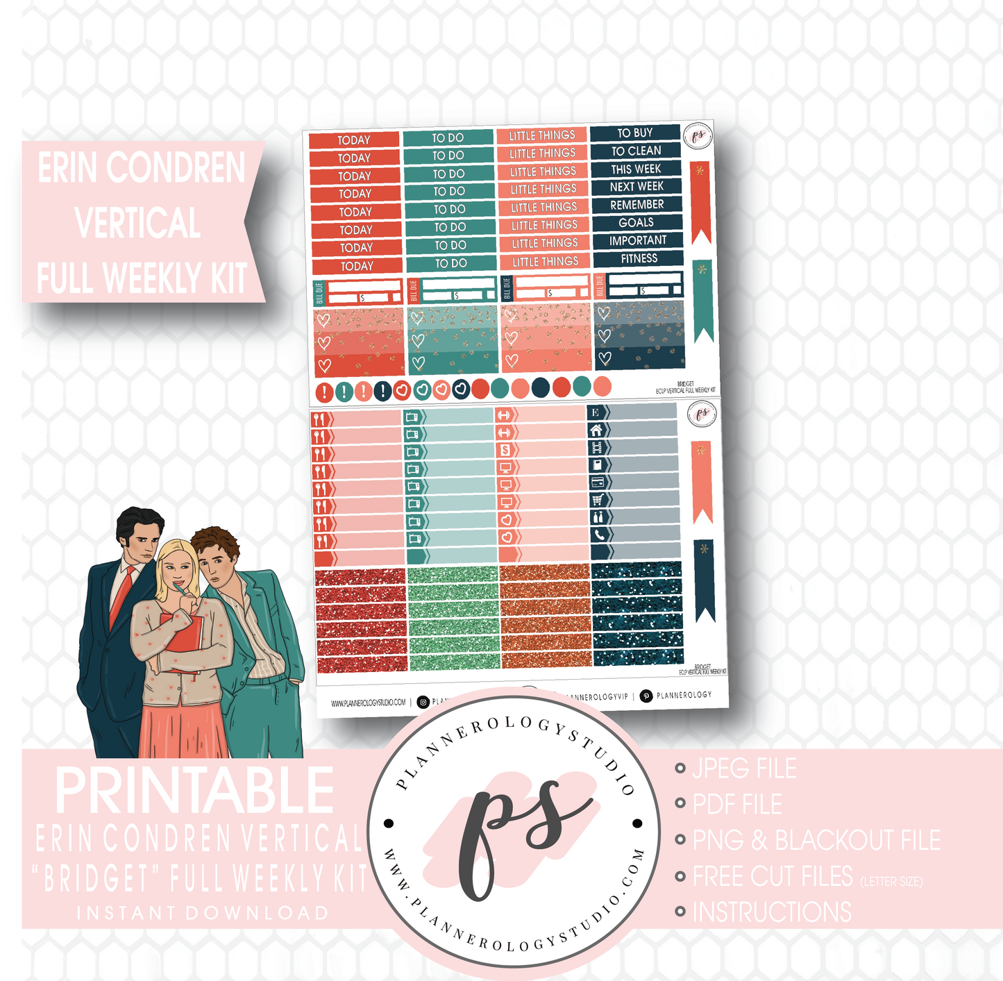 Bridget (Bridget Jones's Diary) Full Weekly Kit Printable Planner Stickers (for use with Erin Condren Vertical) - Plannerologystudio