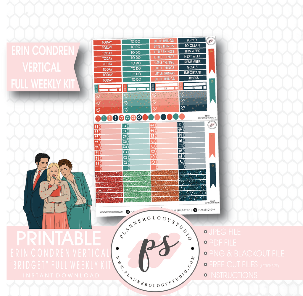 Bridget (Bridget Jones's Diary) Full Weekly Kit Printable Planner Stickers (for use with Erin Condren Vertical) - Plannerologystudio