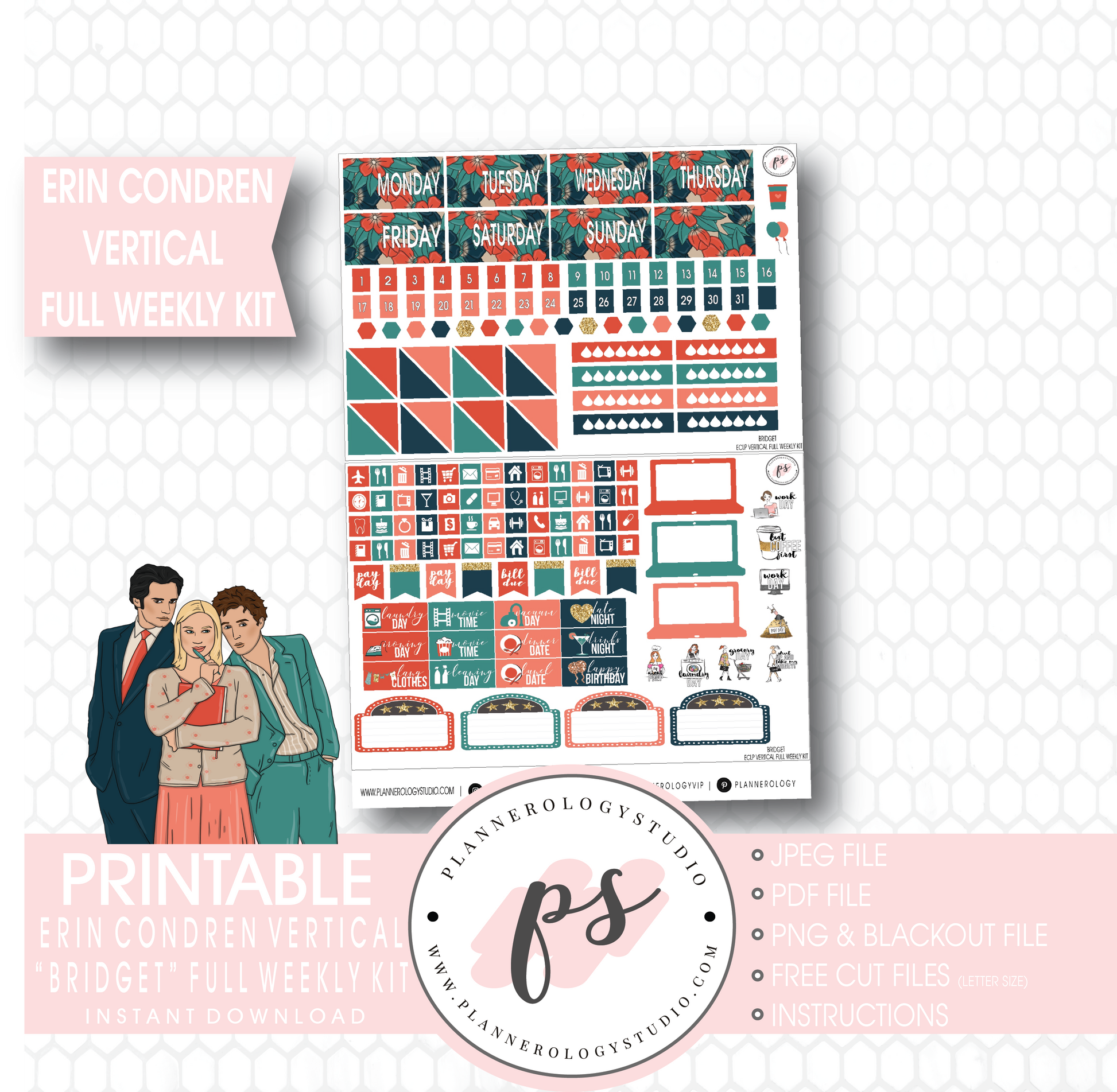 Bridget (Bridget Jones's Diary) Full Weekly Kit Printable Planner Stickers (for use with Erin Condren Vertical) - Plannerologystudio