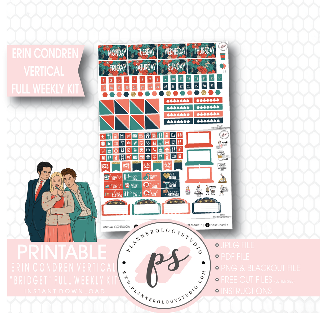 Bridget (Bridget Jones's Diary) Full Weekly Kit Printable Planner Stickers (for use with Erin Condren Vertical) - Plannerologystudio