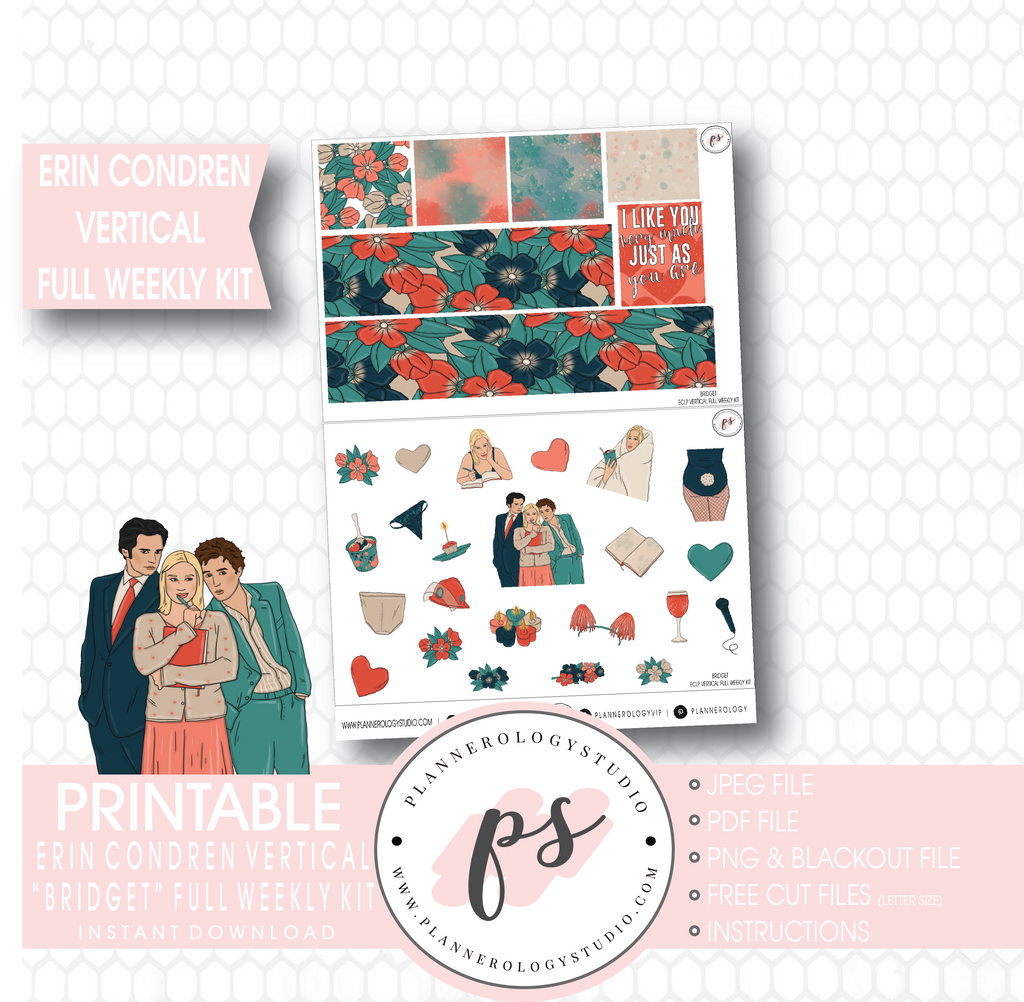 Bridget (Bridget Jones's Diary) Full Weekly Kit Printable Planner Stickers (for use with Erin Condren Vertical) - Plannerologystudio
