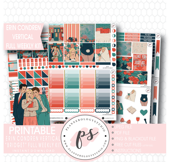Bridget (Bridget Jones's Diary) Full Weekly Kit Printable Planner Stickers (for use with Erin Condren Vertical) - Plannerologystudio