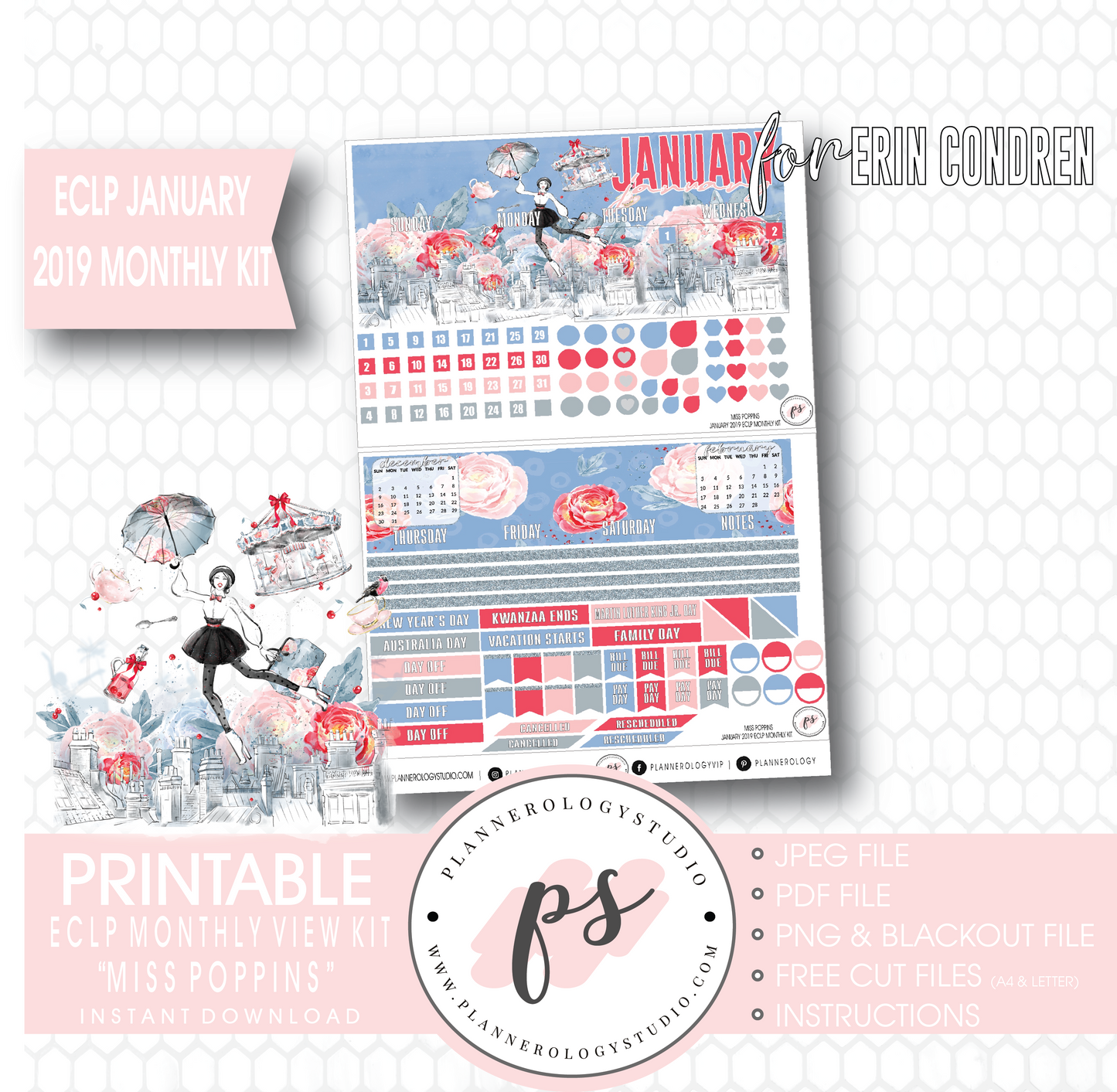 Miss Poppins (Mary Poppins) January 2019 Monthly View Kit Digital Printable Planner Stickers (for use with Erin Condren) - Plannerologystudio