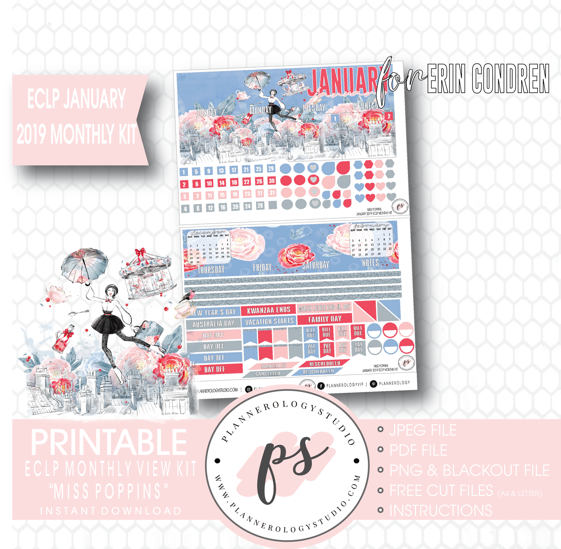 Miss Poppins (Mary Poppins) January 2019 Monthly View Kit Digital Printable Planner Stickers (for use with Erin Condren) - Plannerologystudio