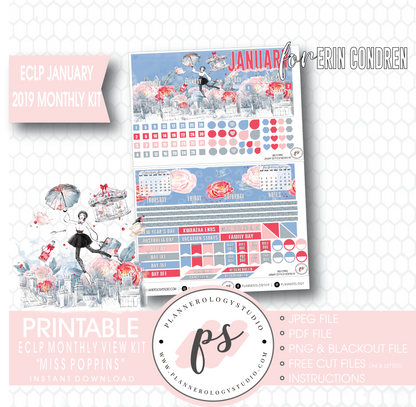 Miss Poppins (Mary Poppins) January 2019 Monthly View Kit Digital Printable Planner Stickers (for use with Erin Condren) - Plannerologystudio