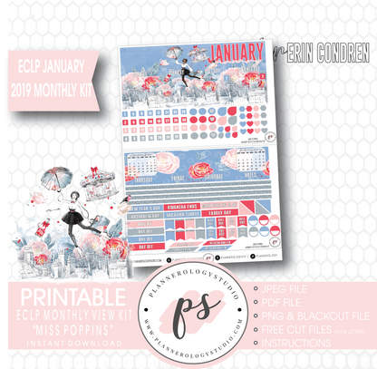 Miss Poppins (Mary Poppins) January 2019 Monthly View Kit Digital Printable Planner Stickers (for use with Erin Condren) - Plannerologystudio