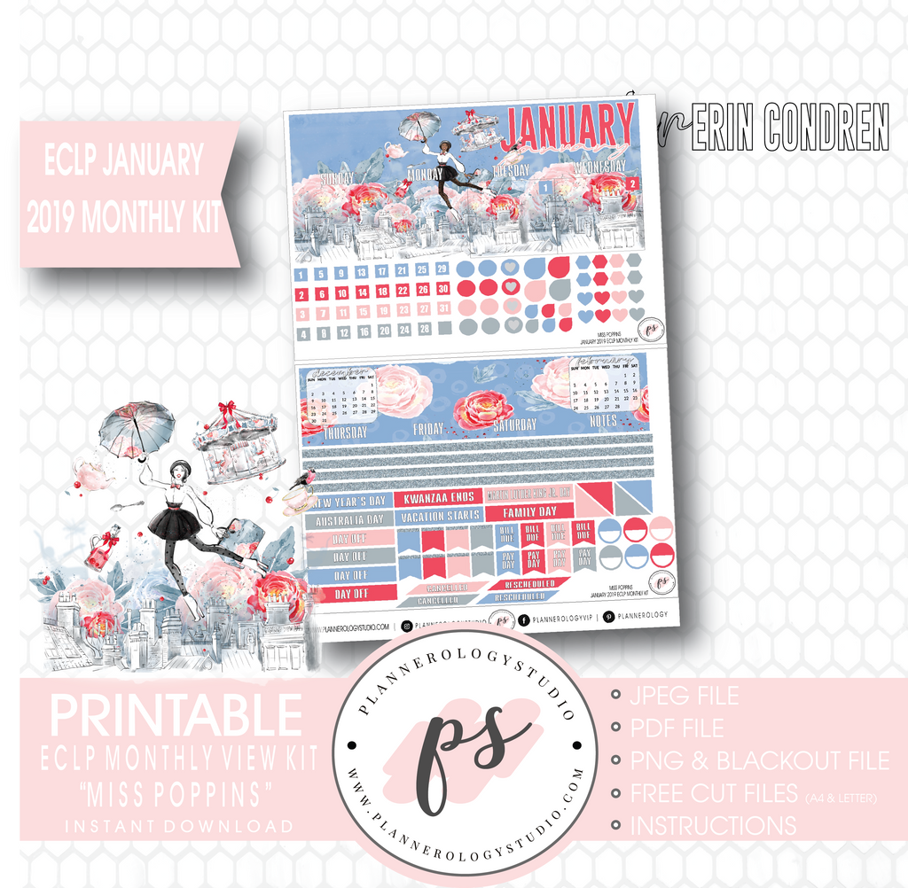 Miss Poppins (Mary Poppins) January 2019 Monthly View Kit Digital Printable Planner Stickers (for use with Erin Condren) - Plannerologystudio