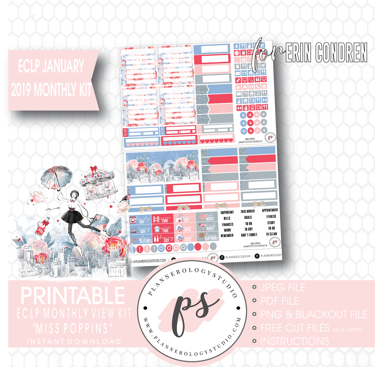 Miss Poppins (Mary Poppins) January 2019 Monthly View Kit Digital Printable Planner Stickers (for use with Erin Condren) - Plannerologystudio