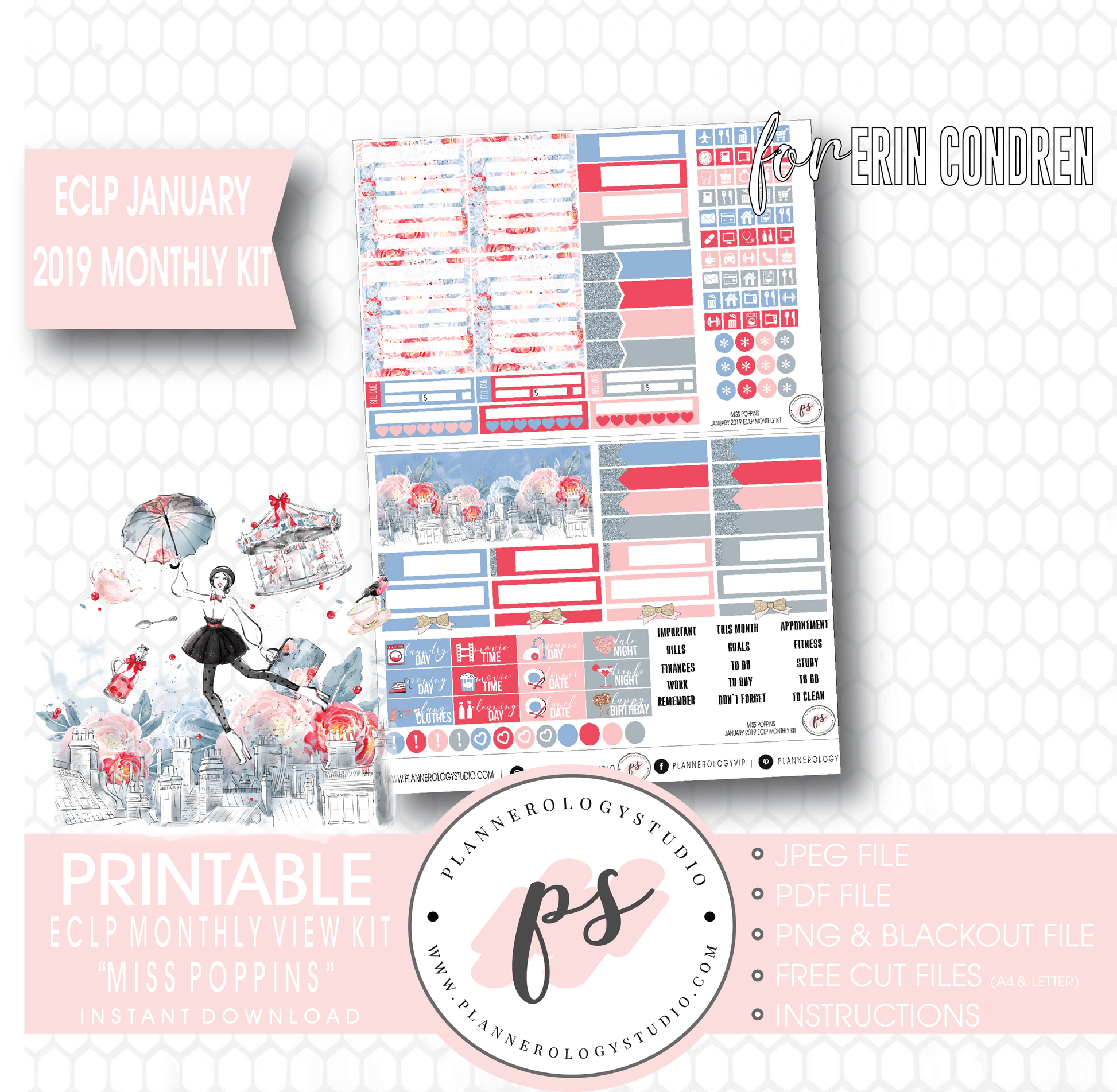 Miss Poppins (Mary Poppins) January 2019 Monthly View Kit Digital Printable Planner Stickers (for use with Erin Condren) - Plannerologystudio