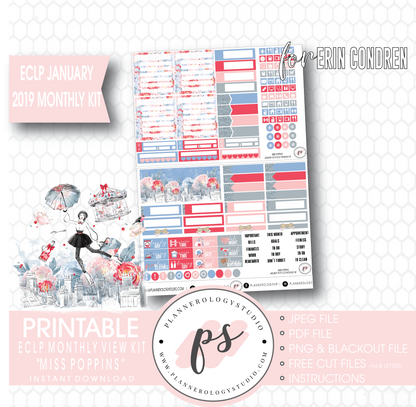 Miss Poppins (Mary Poppins) January 2019 Monthly View Kit Digital Printable Planner Stickers (for use with Erin Condren) - Plannerologystudio