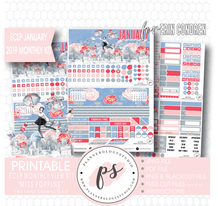 Miss Poppins (Mary Poppins) January 2019 Monthly View Kit Digital Printable Planner Stickers (for use with Erin Condren) - Plannerologystudio