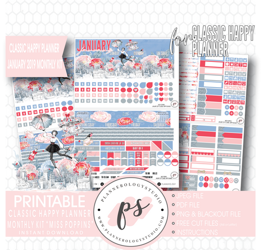 Miss Poppins (Mary Poppins) January 2019 Monthly View Kit Digital Printable Planner Stickers (for use with Classic Happy Planner) - Plannerologystudio