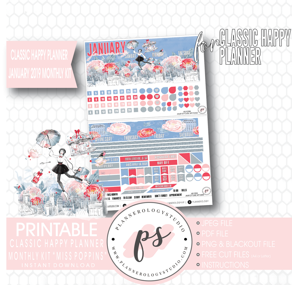 Miss Poppins (Mary Poppins) January 2019 Monthly View Kit Digital Printable Planner Stickers (for use with Classic Happy Planner) - Plannerologystudio