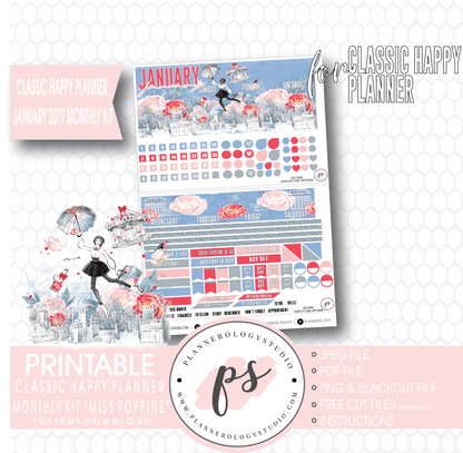 Miss Poppins (Mary Poppins) January 2019 Monthly View Kit Digital Printable Planner Stickers (for use with Classic Happy Planner) - Plannerologystudio