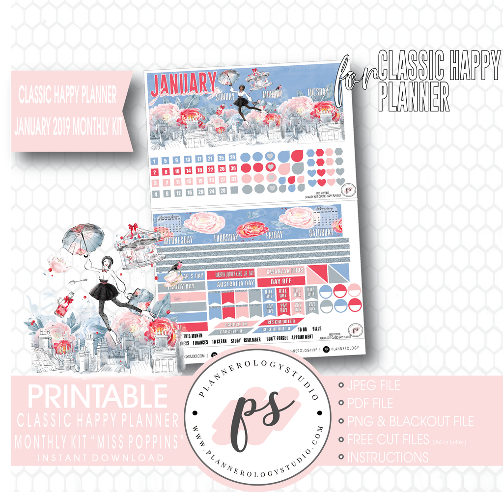 Miss Poppins (Mary Poppins) January 2019 Monthly View Kit Digital Printable Planner Stickers (for use with Classic Happy Planner) - Plannerologystudio