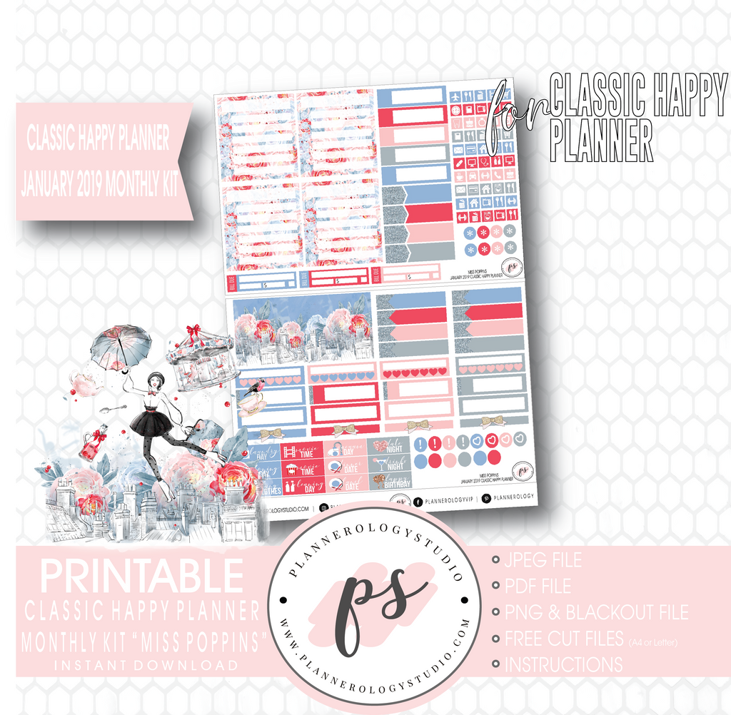 Miss Poppins (Mary Poppins) January 2019 Monthly View Kit Digital Printable Planner Stickers (for use with Classic Happy Planner) - Plannerologystudio
