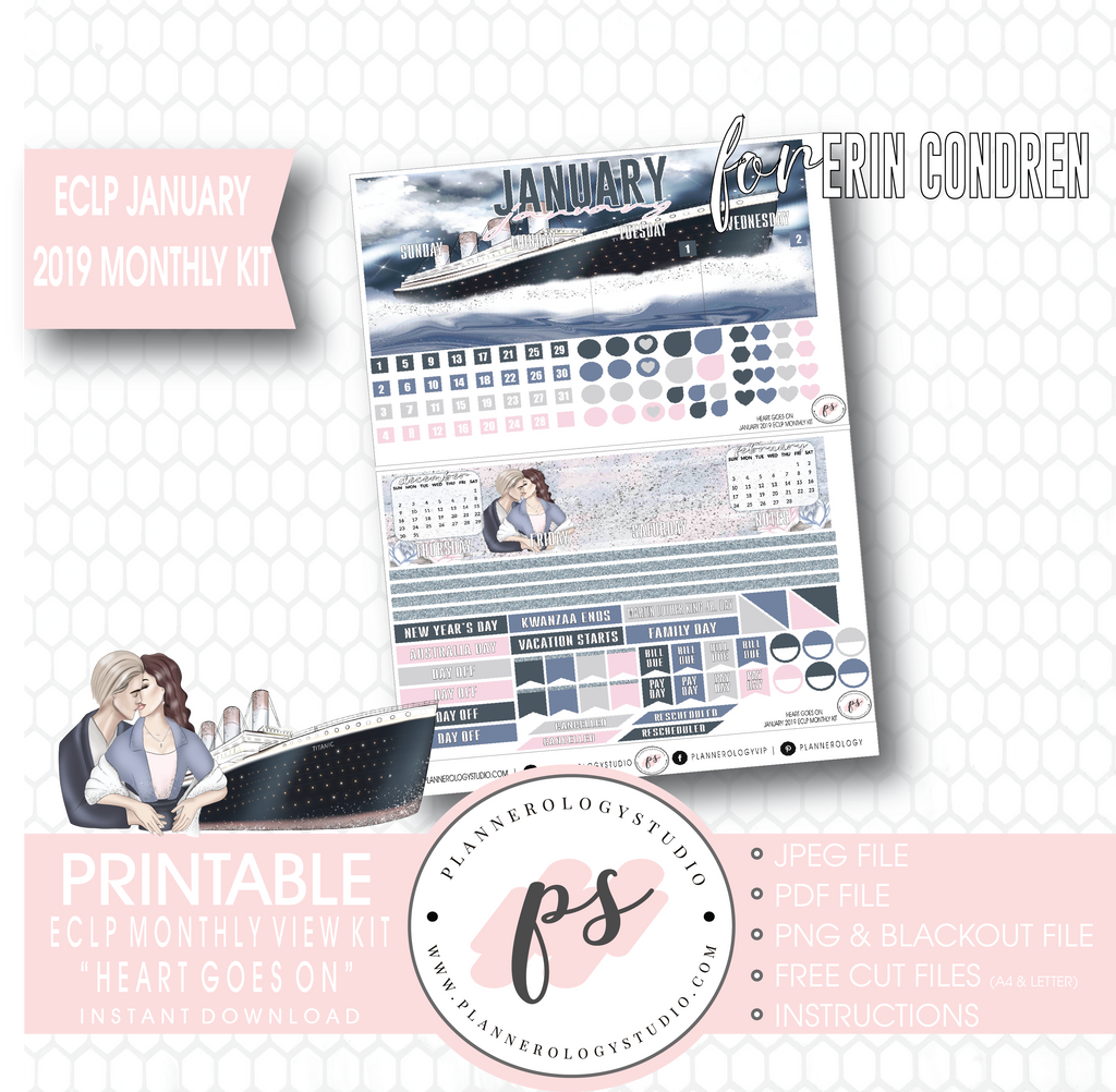 Heart Goes On (Titanic) January 2019 Monthly View Kit Digital Printable Planner Stickers (for use with Erin Condren) - Plannerologystudio