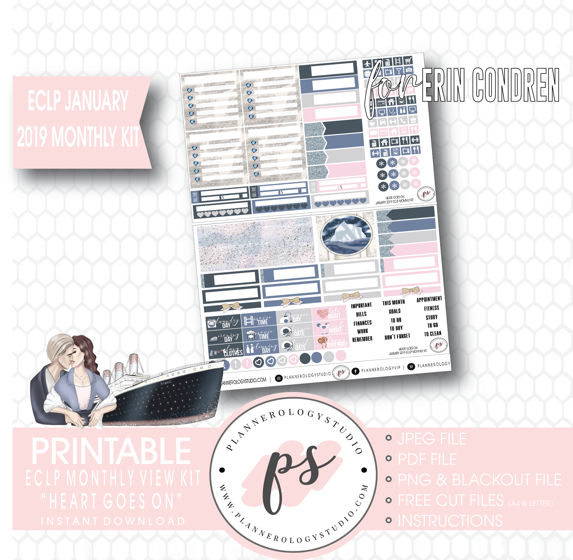 Heart Goes On (Titanic) January 2019 Monthly View Kit Digital Printable Planner Stickers (for use with Erin Condren) - Plannerologystudio