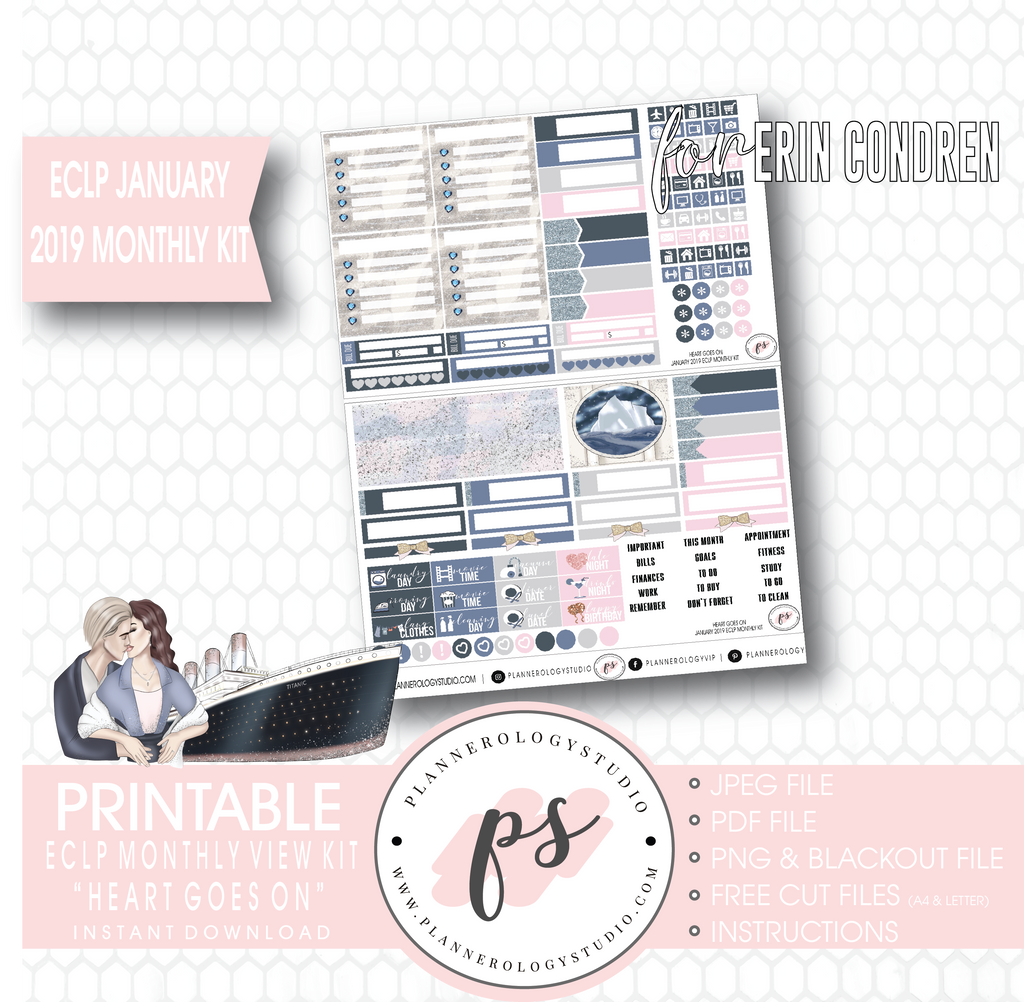 Heart Goes On (Titanic) January 2019 Monthly View Kit Digital Printable Planner Stickers (for use with Erin Condren) - Plannerologystudio