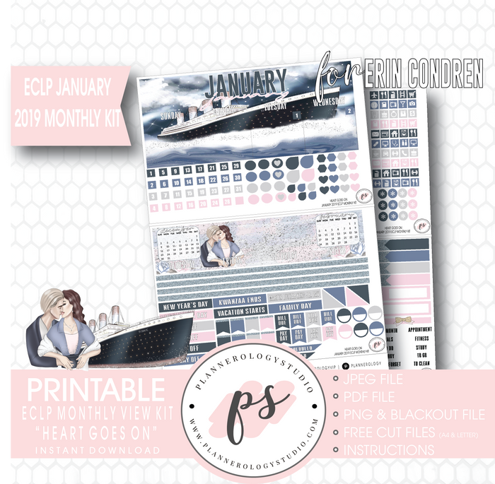 Heart Goes On (Titanic) January 2019 Monthly View Kit Digital Printable Planner Stickers (for use with Erin Condren) - Plannerologystudio