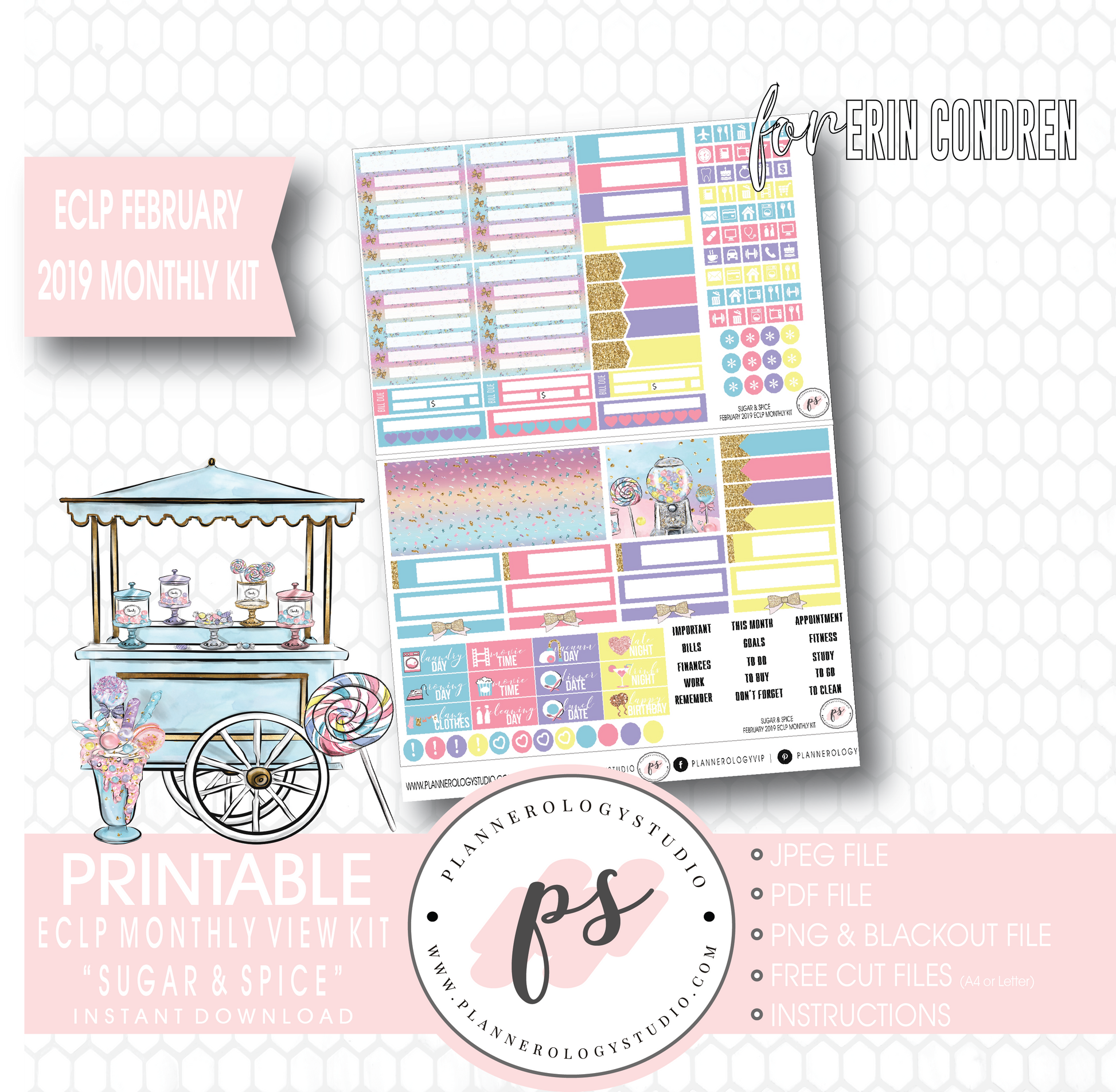 Sugar & Spice February 2019 Monthly View Kit Digital Printable Planner Stickers (for use with Erin Condren) - Plannerologystudio