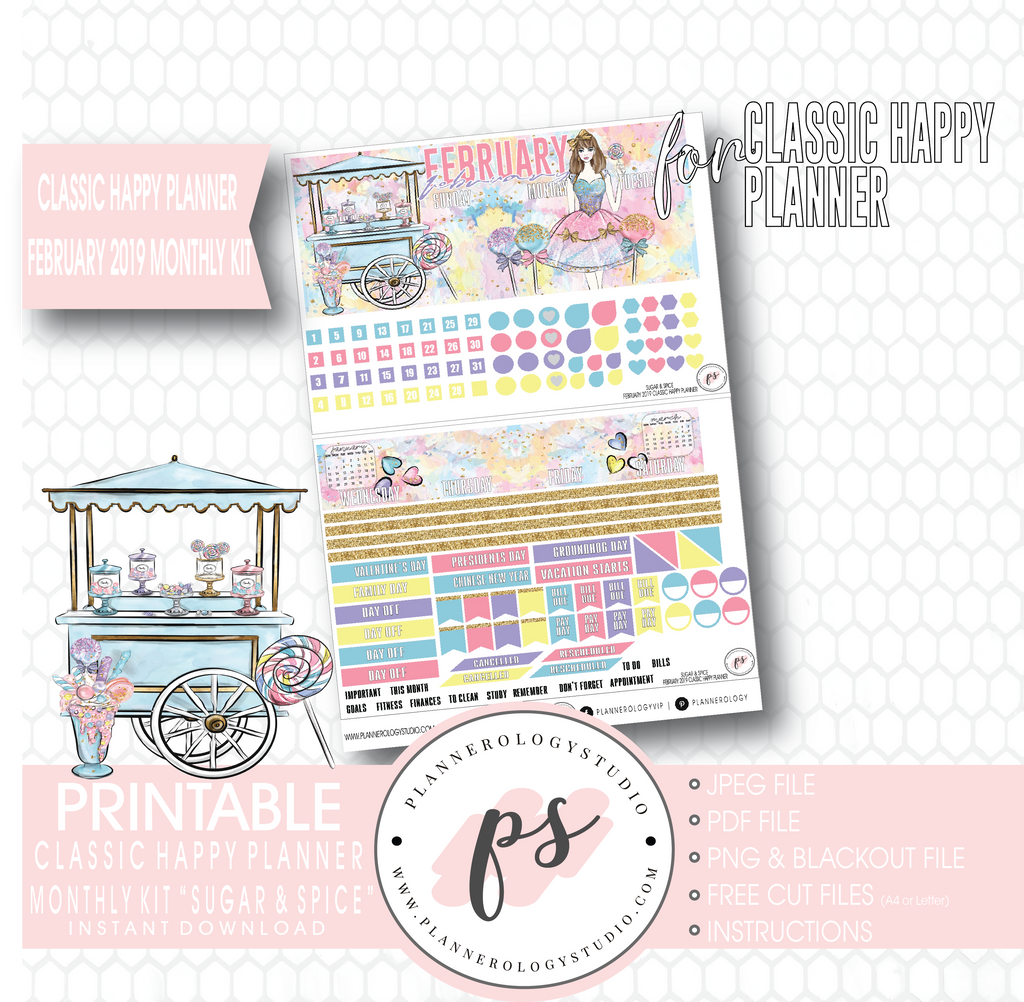 Sugar & Spice February 2019 Monthly View Kit Digital Printable Planner Stickers (for use with Classic Happy Planner) - Plannerologystudio