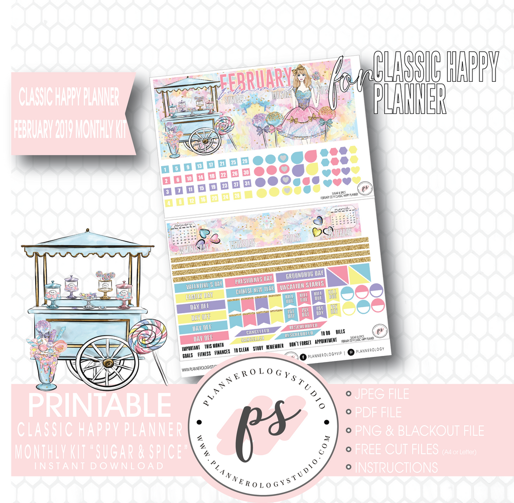 Sugar & Spice February 2019 Monthly View Kit Digital Printable Planner Stickers (for use with Classic Happy Planner) - Plannerologystudio
